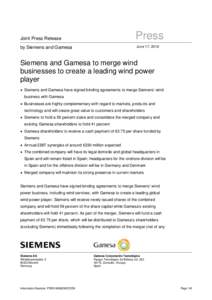 Business / Economy / Gamesa Corporacin Tecnolgica / IBEX-35 / Wind power in Spain / Siemens / Areva / Siemens Wind Power