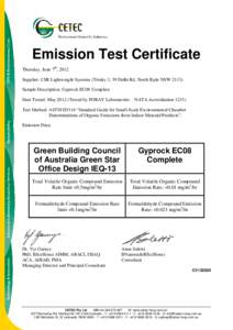 Emission Test Certificate Thursday, June 7th, 2012 Supplier: CSR Lightweight Systems (Trinity 3, 39 Delhi Rd, North Ryde NSWSample Description: Gyprock EC08 Complete Date Tested: MayTested by FORAY Laborato