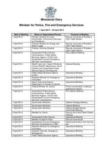 Ministerial Diary Minister for Police, Fire and Emergency Services 1 April 2014 – 30 April 2014 Date of Meeting 1 April 2014
