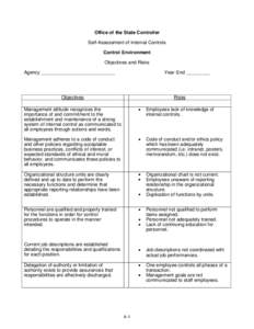 Office of the State Controller Self-Assessment of Internal Controls Control Environment Objectives and Risks Agency ____________________________