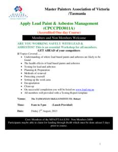 Master Painters Association of Victoria /Tasmania Apply Lead Paint & Asbestos Management (CPCCPD3011A) (Accredited One day Course)