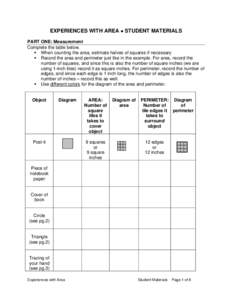 EXPERIENCES WITH AREA • STUDENT MATERIALS PART ONE: Measurement Complete the table below.  When counting the area, estimate halves of squares if necessary  Record the area and perimeter just like in the example. Fo