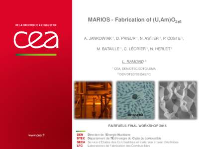 MARIOS - Fabrication of (U,Am)O2±δ A. JANKOWIAK 1, D. PRIEUR 1, N. ASTIER 1, P. COSTE 1, M. BATAILLE 1, C. LÉORIER 1, N. HERLET 1 L. RAMOND 2 1