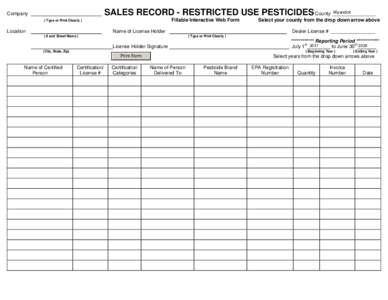 Wyandot SALES RECORD - RESTRICTED USE PESTICIDES County ________________ Company  Fillable Interactive Web Form