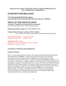 REQUEST FOR APPLICATIONS (RFA) FOR AWARD OF APPROXIMATELY FIVE COOPERATIVE AGREEMENTS OVERVIEW INFORMATION U.S. Environmental Protection Agency