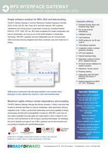 BFX INTERFACE GATEWAY Next Generation Diameter Signaling Controller (DSC) Single software solution for DRA, DEA and Interworking The BFX Interface Gateway is the Next Generation Diameter Signaling Controller (DSC) for 3G