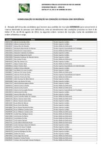 DEFENSORIA PÚBLICA DO ESTADO DO RIO DE JANEIRO CONCURSO PÚBLICO – DPGE/RJ EDITAL N° 01, DE 31 DE JANEIRO DE 2014 HOMOLOGAÇÃO DE INSCRIÇÃO NA CONDIÇÃO DE PESSOA COM DEFICIÊNCIA