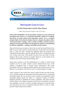 Mowing the Grass in Gaza by Prof. Efraim Inbar and Dr. Eitan Shamir BESA Center Perspectives Paper No. 255, July 20, 2014 EXECUTIVE SUMMARY: The Israeli military offensive in Gaza reflects the assumption that Israel is i