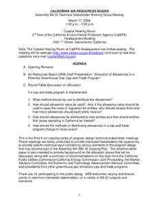 CALIFORNIA AIR RESOURCES BOARD Assembly Bill 32 Technical Stakeholder Working Group Meeting March 17, 2008 1:30 p.m. - 5:00 p.m. Coastal Hearing Room 2nd floor of the California Environmental Protection Agency (CalEPA)