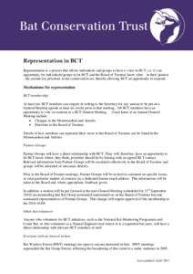 Representation in BCT Representation is a process that allows individuals and groups to have a voice in BCT, i.e. it’s an opportunity for individuals/groups to let BCT and the Board of Trustees know what – in their o