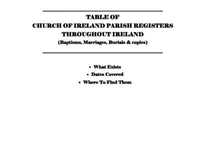 ____________________________________________ TABLE OF CHURCH OF IRELAND PARISH REGISTERS THROUGHOUT IRELAND (Baptisms, Marriages, Burials & copies)