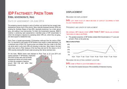 IDP FACTSHEET: PIRZIN TOWN ERBIL GOVERNORATE, IRAQ DATE OF ASSESSMENT: 24 JUNE 2014 The worsening security situation in parts of northern and central Iraq has caused mass displacement across much of the country. Many int