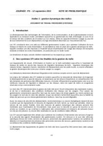 JOURNÉE ITS – 12 septembreNOTE DE PROBLEMATIQUE Atelier 2 : gestion dynamique des trafics DOCUMENT DE TRAVAIL PROVISOIRE)