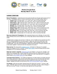 Weekly Drought Brief Monday March 10, 2014 CURRENT CONDITIONS Recent Precipitation: Varied amounts of rain and snow fell over the past week across much of the state. Precipitation totals (in inches) from Monday, March 3 