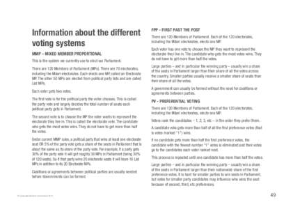 Information about the different voting systems MMP – MIXED MEMBER PROPORTIONAL This is the system we currently use to elect our Parliament. There are 120 Members of Parliament (MPs). There are 70 electorates, including