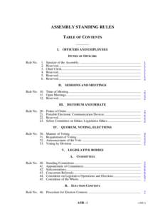 ASSEMBLY STANDING RULES TABLE OF CONTENTS __________ I. OFFICERS AND EMPLOYEES DUTIES OF OFFICERS