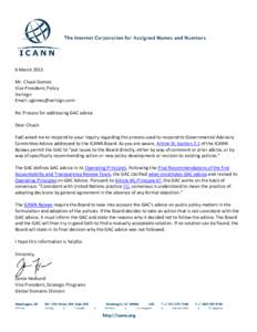 6 March 2015 Mr. Chuck Gomes Vice President, Policy Verisign Email: [removed] Re: Process for addressing GAC advice