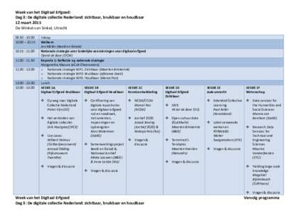 Week van het Digitaal Erfgoed: Dag 3: De digitale collectie Nederland: zichtbaar, bruikbaar en houdbaar 12 maart 2015 De Winkel van Sinkel, Utrecht.00 – 10.15