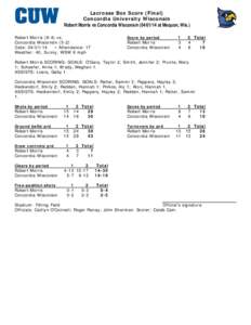 Lacrosse Box Score (Final) Concordia University Wisconsin Robert Morris vs Concordia Wisconsin[removed]at Mequon, Wis.) Robert Morris[removed]vs. Concordia Wisconsin[removed]Date: [removed]