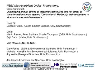 NERC Macronutrient Cycles Programme. Consortium Grant: Quantifying annual cycles of macronutrient fluxes and net effect of transformations in an estuary (Christchurch Harbour): their responses to stochastic storm-driven 