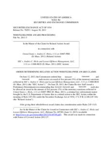 UNITED STATES OF AMERICA before the SECURITIES AND EXCHANGE COMMISSION SECURITIES EXCHANGE ACT OF 1934 Release No[removed]August 30, 2013 WHISTLEBLOWER AWARD PROCEEDING