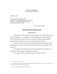 STATE OF VERMONT PUBLIC SERVICE BOARD Docket No[removed]Tariff filing of Washington Electric Cooperative, Inc. re: proposed revisions to WEC