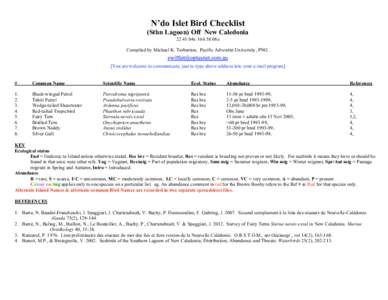 N’do Islet Bird Checklist (Sthn Lagoon) Off New Caledonia04s08e Compiled by Michael K. Tarburton, Pacific Adventist University, PNG. [You are welcome to communicate, just re-type above address into your 