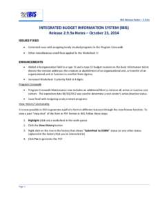IBIS Release Notes – 2.9.9a  INTEGRATED BUDGET INFORMATION SYSTEM (IBIS) Release 2.9.9a Notes – October 23, 2014 ISSUES FIXED •