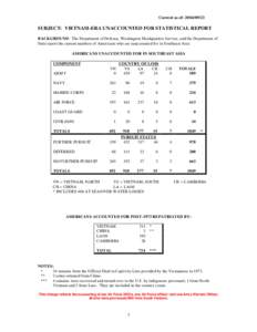 Current as of: [removed]SUBJECT: VIETNAM-ERA UNACCOUNTED FOR STATISTICAL REPORT BACKGROUND: The Department of Defense, Washington Headquarters Service, and the Department of State report the current numbers of America