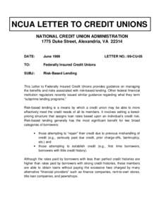 NCUA LETTER TO CREDIT UNIONS NATIONAL CREDIT UNION ADMINISTRATION 1775 Duke Street, Alexandria, VA[removed]DATE: