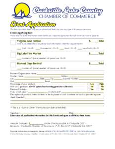 Clarksville Lake Country Chamber of Commerce Event Application  This form has check boxes that may be clicked and fields that you may type in for your convenience.