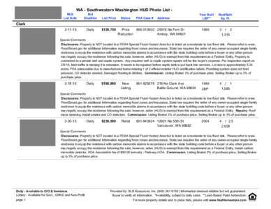 WA - Southwestern Washington HUD Photo List MLS List Date Bid Deadline