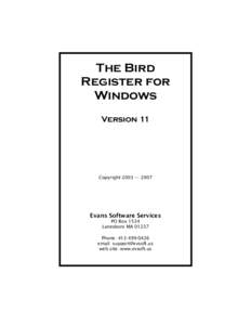 The Bird Register for Windows Version 11  Copyright 2003 — 2007