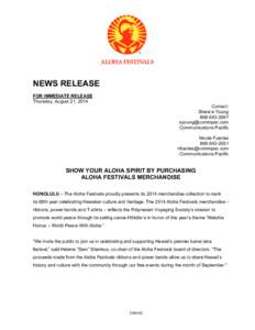 NEWS RELEASE FOR IMMEDIATE RELEASE Thursday, August 21, 2014 Contact: Shere’e Young[removed]