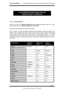 AnswersThatWorkTM  List of Default Router Passwords & Default Router IP Addresses List of Default Router Passwords and Default Router IP Addresses