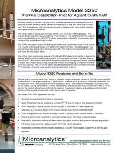 Microanalytics Model 3250 Thermal Desorption Inlet for AgilentFor wide variety of samples, trapping onto a suitable absorbent and subsequent thermal desorption offers the best sample introduction technique to 