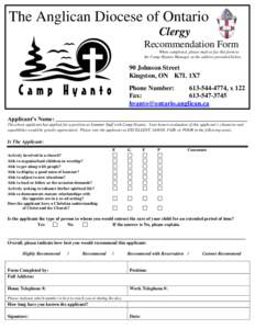 The Anglican Diocese of Ontario Clergy Recommendation Form When completed, please mail or fax this form to the Camp Hyanto Manager at the address provided below.