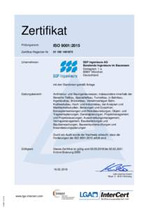 Zertifikat Prüfungsnorm ISO 9001:2015  Zertifikat-Registrier-Nr.