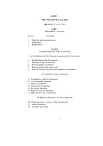 ANNEX I  THE UNIVERSITIES ACT, 2005 ARRANGEMENT OF SECTION PART I PRELIMINARY PROVISIONS