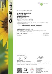 Certificate  The fascination of Quality  Number of certificate: BVH-20383