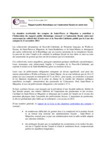 Noisiel, le 26 novembre[removed]Rapport public thématique sur l’autonomie fiscale en outre-mer La chambre territoriale des comptes de Saint-Pierre et Miquelon a contribué à l’élaboration du rapport public thématiq