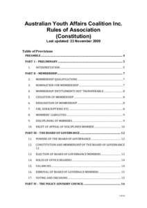 Australian Youth Affairs Coalition Inc. Rules of Association (Constitution) Last updated: 23 November 2009 Table of Provisions  PREAMBLE.................................................................................