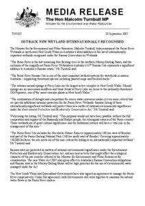 Outback NSW wetland internationally recognised, media release 19 September 2007