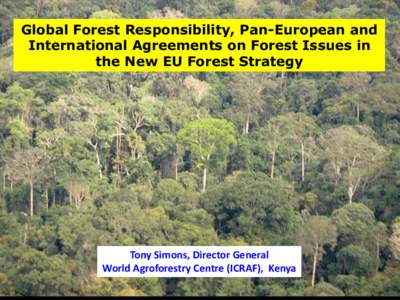 Global Forest Responsibility, Pan-European and International Agreements on Forest Issues in the New EU Forest Strategy Tony Simons, Director General World Agroforestry Centre (ICRAF), Kenya