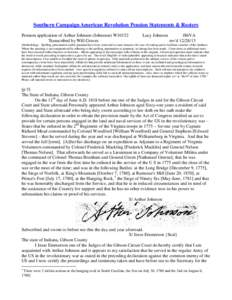 Southern Campaign American Revolution Pension Statements & Rosters Pension application of Arthur Johnson (Johnston) W10152 Transcribed by Will Graves Lucy Johnson