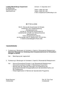 Landtag Mecklenburg-Vorpommern 6. Wahlperiode Energieausschuss Agrarausschuss  Schwerin, 18. September 2014
