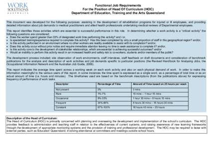 Functional Job Requirements For the Position of Head Of Curriculum (HOC) Department of Education, Training and the Arts Queensland This document was developed for the following purposes: assisting in the development of r