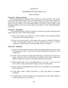 CHAPTER 28 STOCKBRIDGE-MUNSEE TRIBAL LAW CHILD SUPPORT Section 28.1 Purpose and Scope The Stockbridge-Munsee Community finds its children are among the Tribe’s most valuable resources and their financial needs must be 