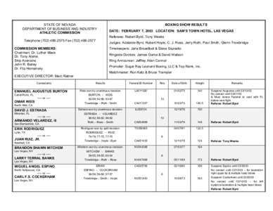 STATE OF NEVADA DEPARTMENT OF BUSINESS AND INDUSTRY ATHLETIC COMMISSION Judges: Adalaide Byrd, Robert Hoyle, C. J. Ross, Jerry Roth, Paul Smith, Glenn Trowbridge