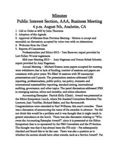 Minutes Public Interest Section, AAA, Business Meeting 4 p.m. August 5th, Anaheim, CA 1. Call to Order at 4:02 by John Thornton 2. Adoption of the Agenda